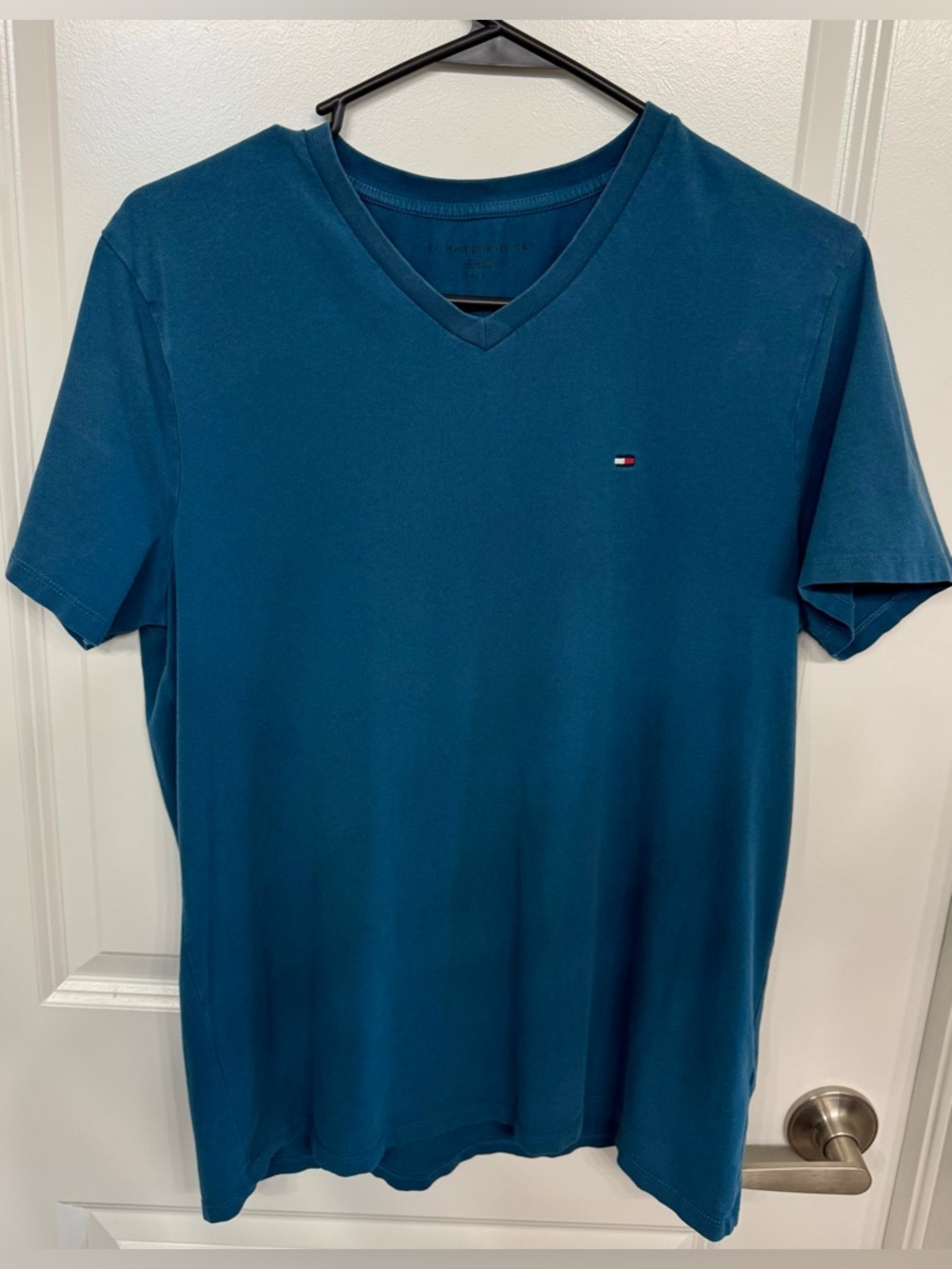 Tommy Hilfiger Men's Teal V-Neck Tee with Signature Logo